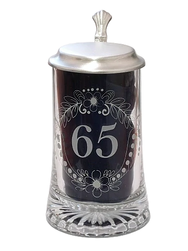 Korbel k 65. narozeninám – skleněný s cínovým víčkem 0,4 l