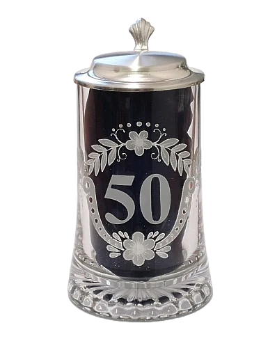 Korbel k 50. narozeninám – skleněný s cínovým víčkem 0,4 l