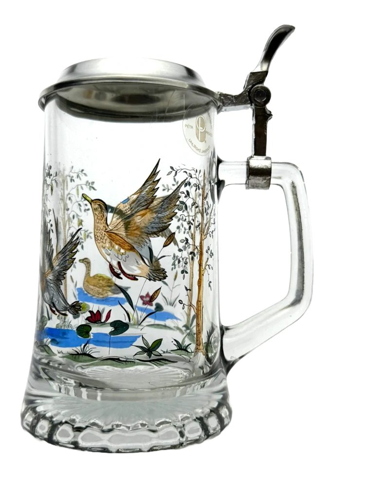 Korbel s motivem kachny – skleněný s cínovým víčkem 0,4 l