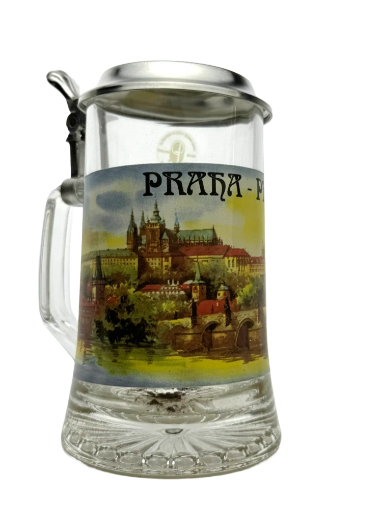 Korbel s motivem Prahy – skleněný s cínovým víčkem 0,4 l