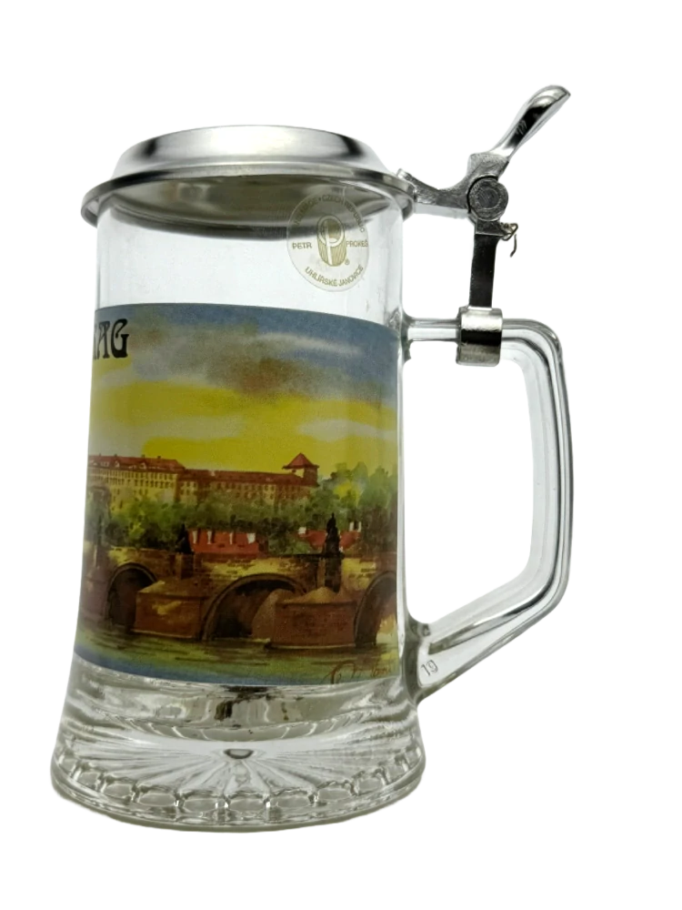 Korbel s motivem Prahy – skleněný s cínovým víčkem 0,4 l