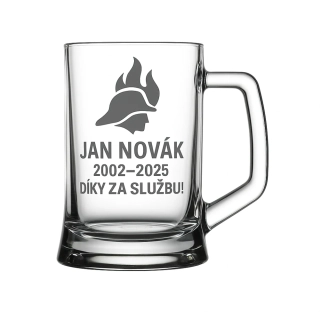 Půllitr s pískovaným motivem "Hasičský důchod"