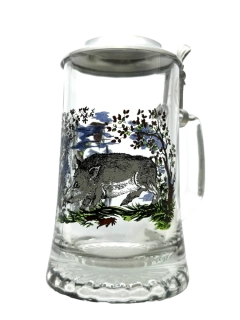 Korbel s motivem divočáka – skleněný s cínovým víčkem 0,4 l