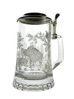 Korbel s motivem divočáka – skleněný s cínovým víčkem 0,4 l, bílý