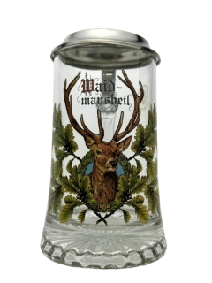 Korbel s motivem jelena – skleněný s cínovým víčkem 0,4 l !!!NĚMECKÝ NÁPIS!!!